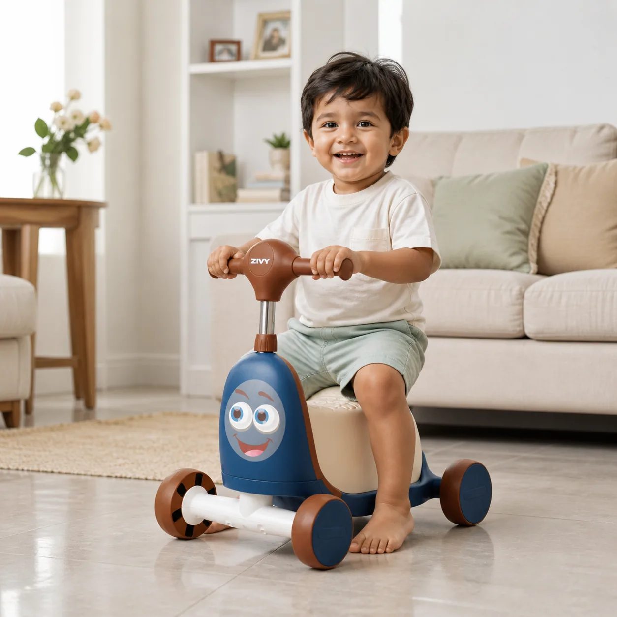A happy boy riding the blue Orry Rider in his living room