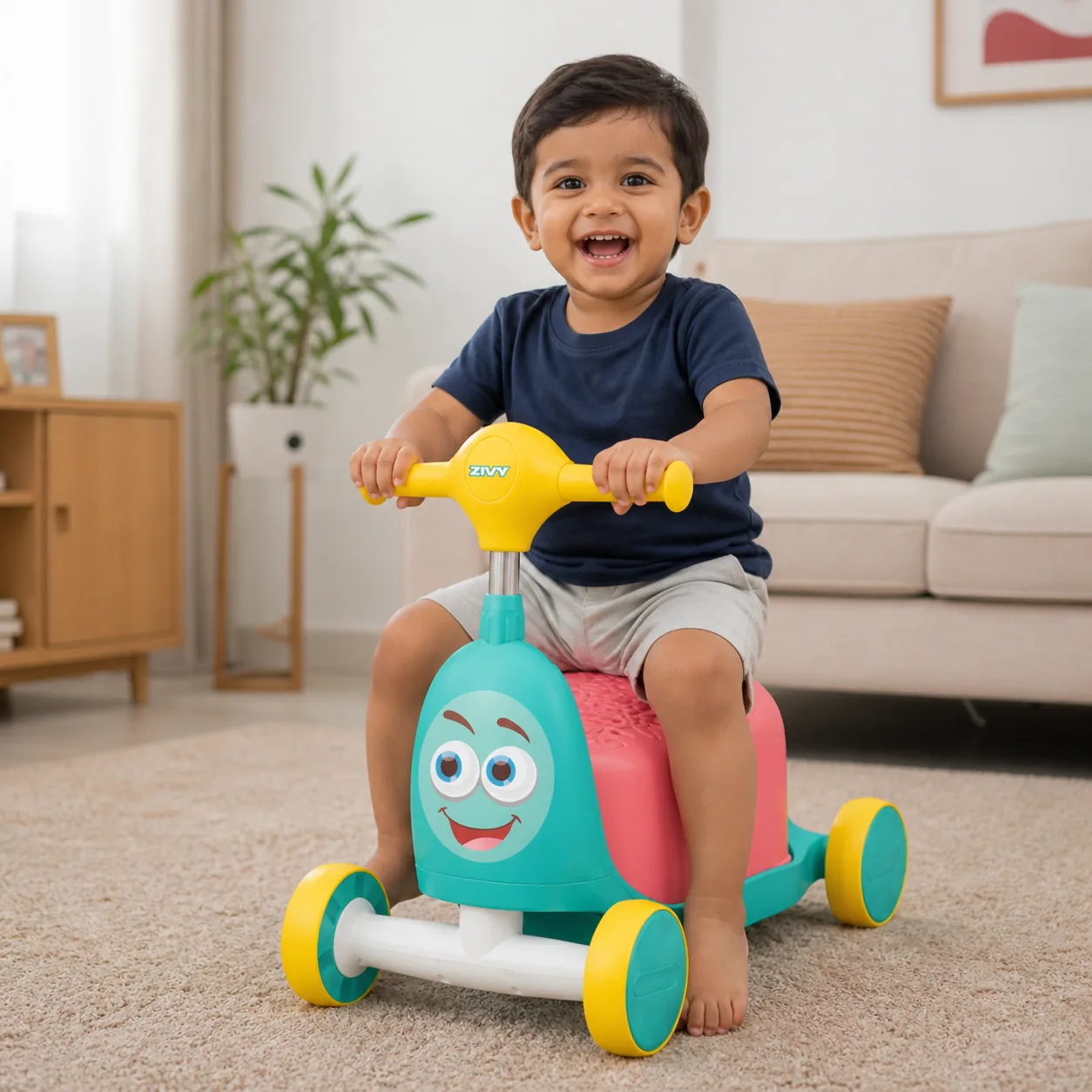 A laughing boy riding the green Orry Rider at home