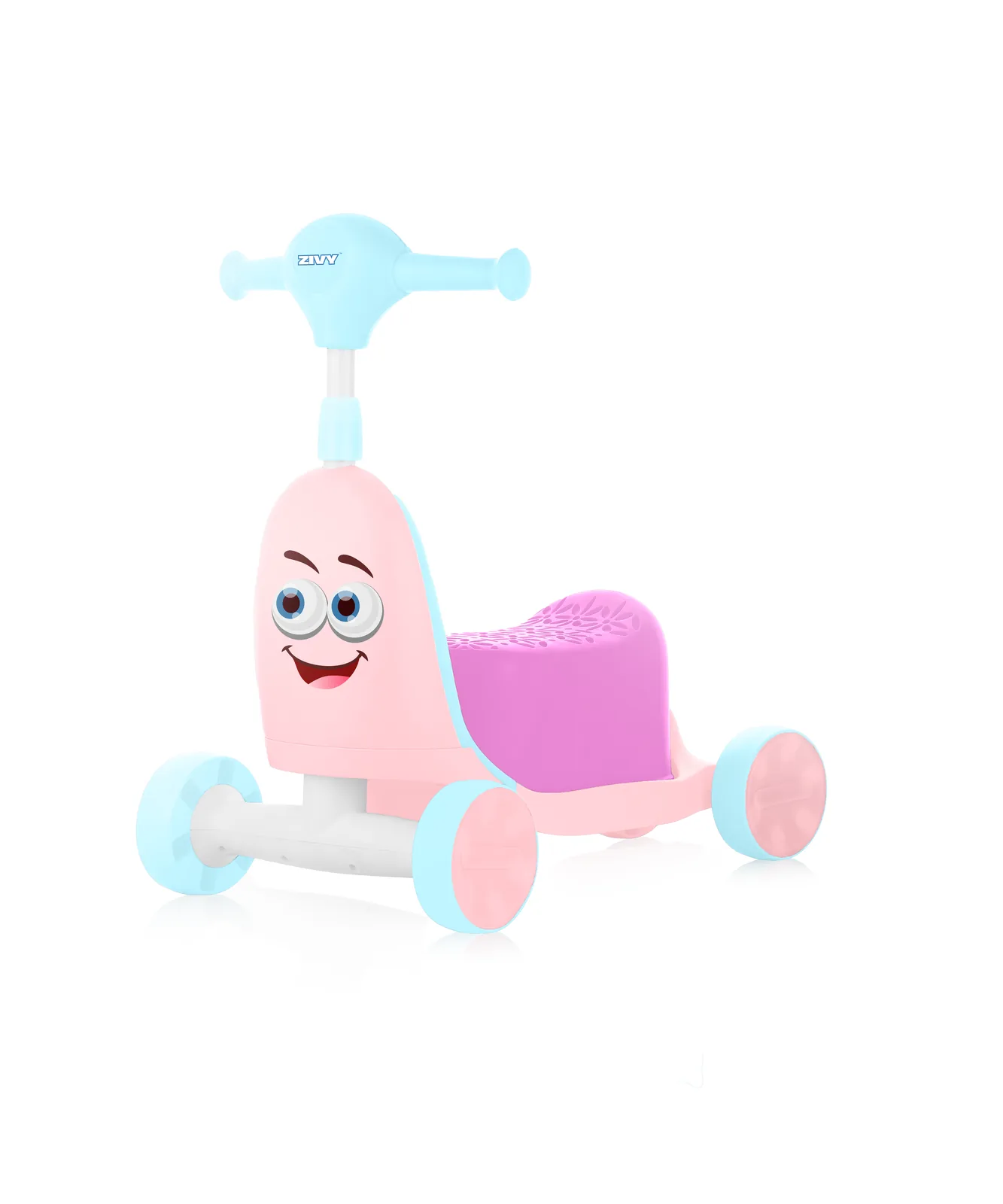 Orry Rider in pink and sky blue, three-quarter studio view