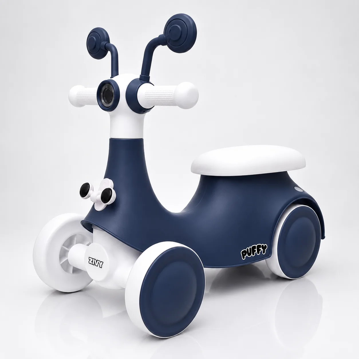 Puffy Rider in navy blue, three-quarter studio view