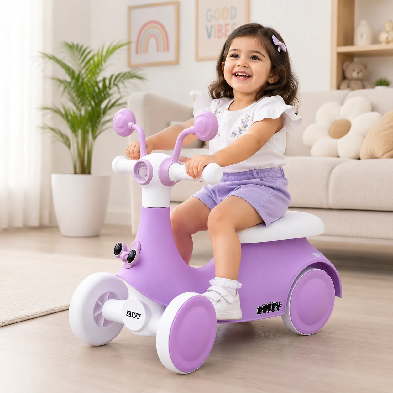 A smiling girl riding the purple Puffy Rider in her playroom