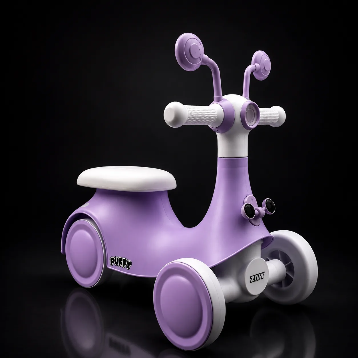 Purple Puffy Rider on a dark, reflective studio floor