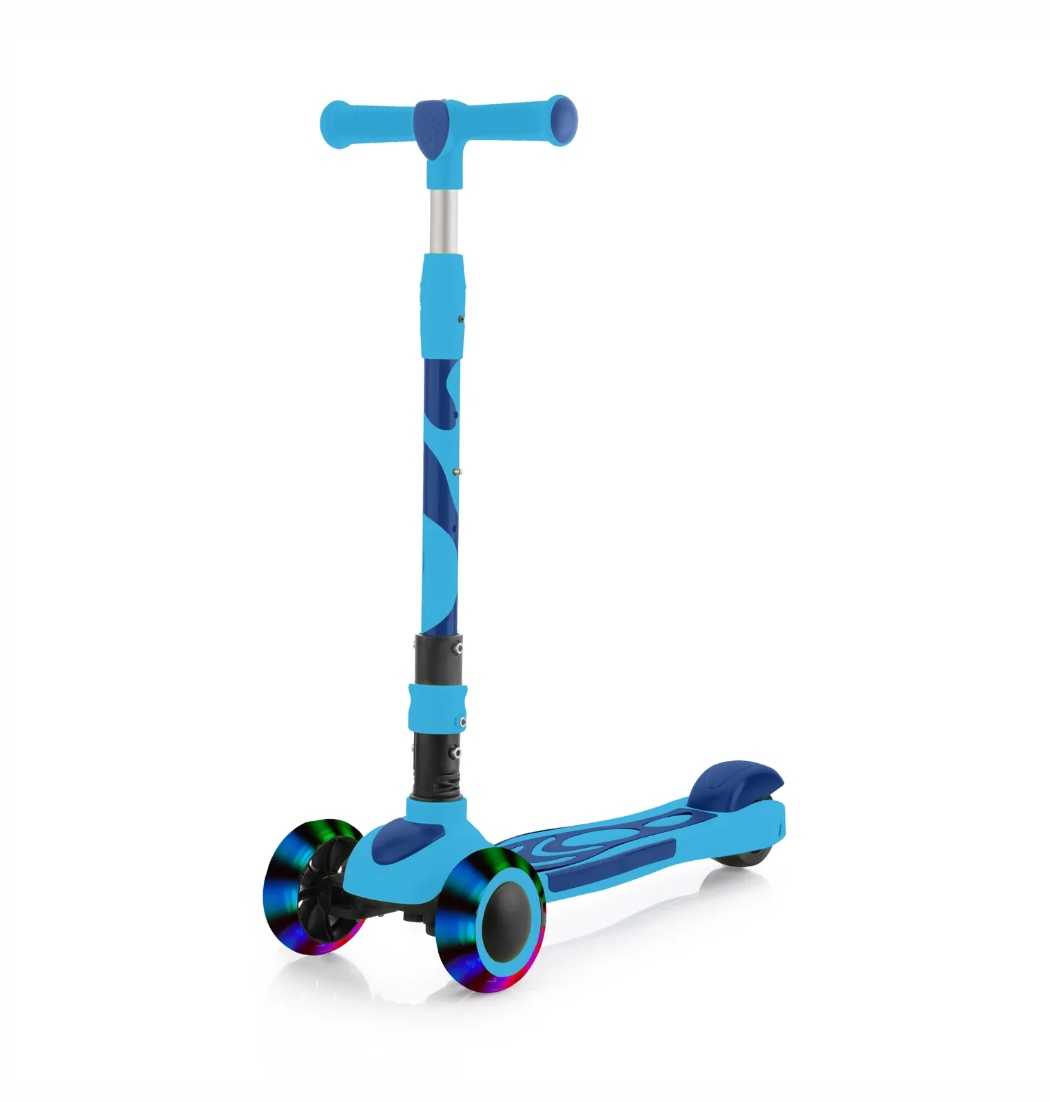 Rooster three-wheel kick scooter in blue with LED light-up wheels
