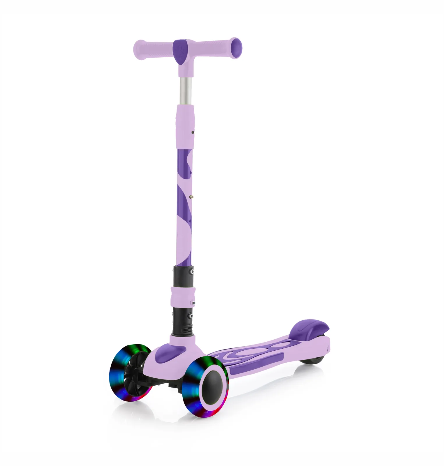 Rooster three-wheel kick scooter in purple with LED light-up wheels