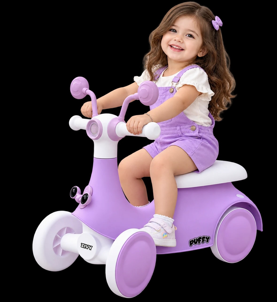 A smiling girl riding the purple Puffy Rider