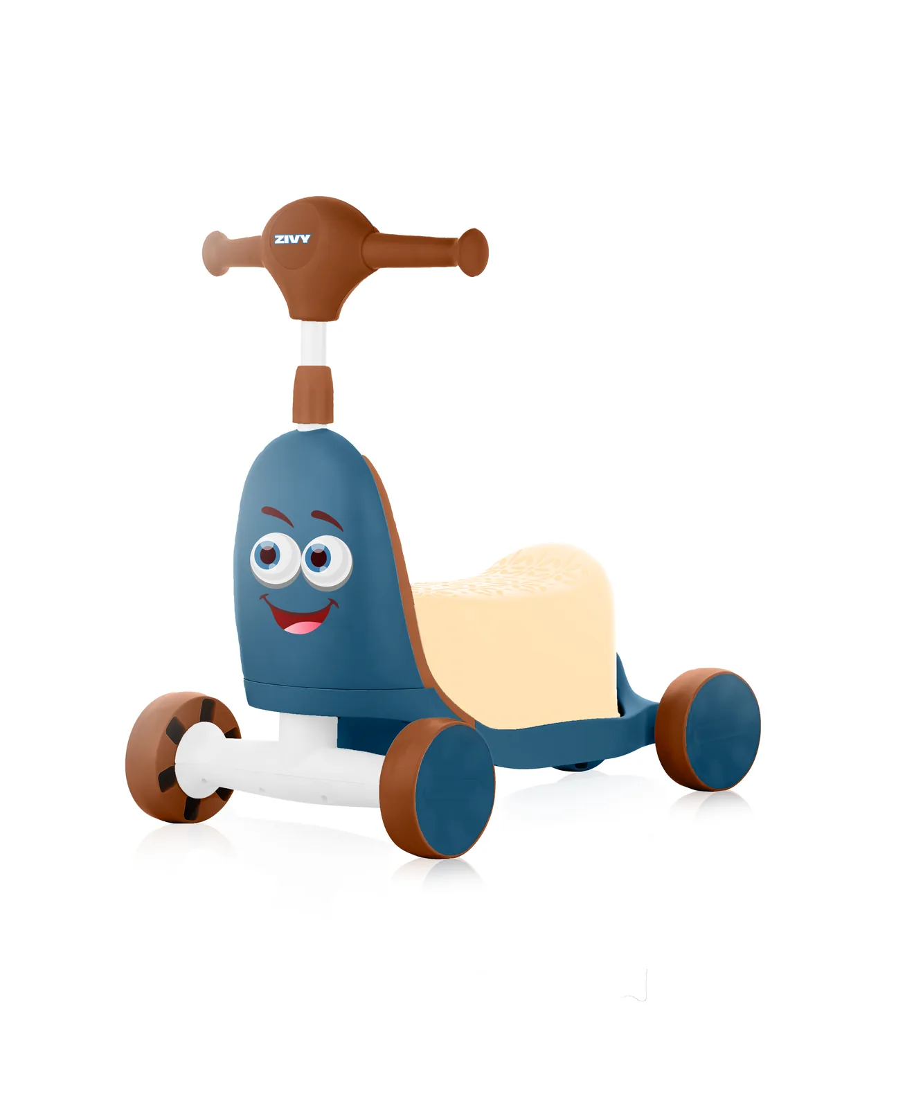 Orry Rider in blue and brown, three-quarter studio view